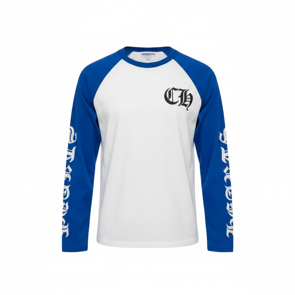 Men's Gothic Print Raglan Long Sleeve Shirt – Ghost Mannequin Blue Front View