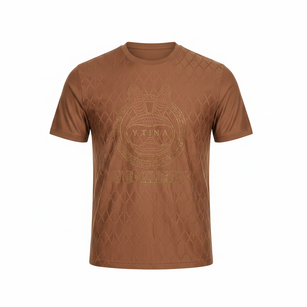 Ghost mannequin front view of brown quilted embossed horseshoe tee