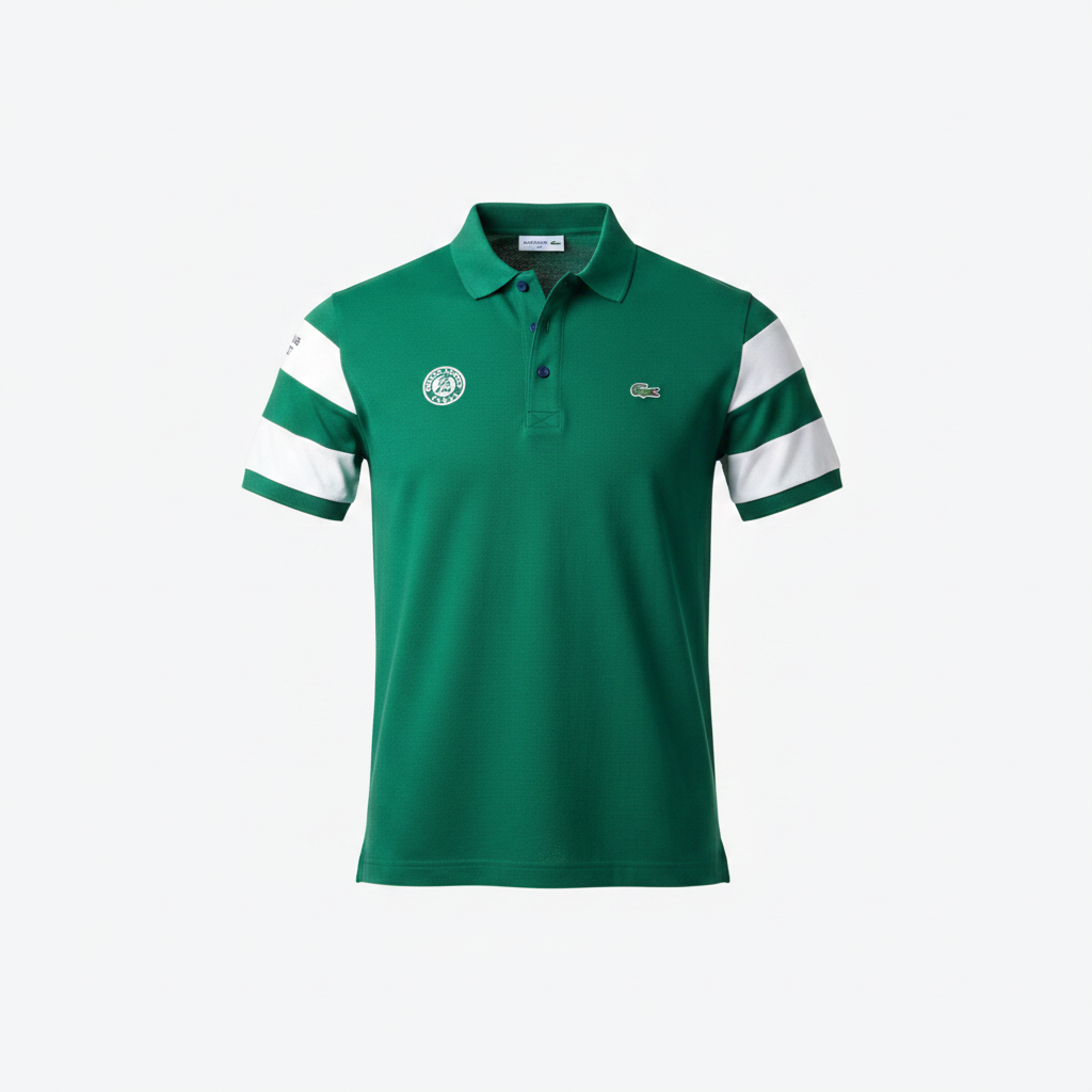 Ghost mannequin view of green contrast polo shirt with white sleeve panels and navy stripe collar
