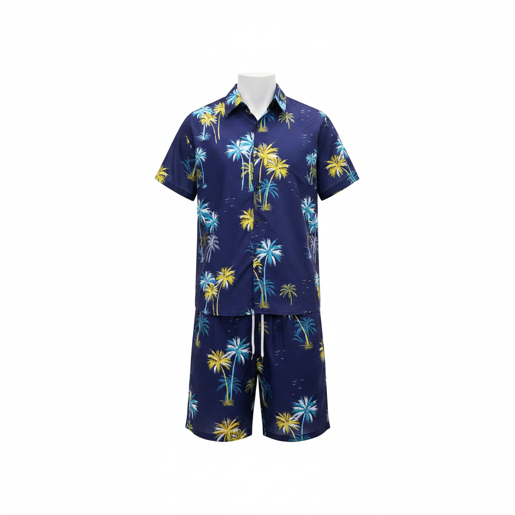 Men's navy blue tropical palm tree print beach co-ord set shirt and shorts ghost mannequin view