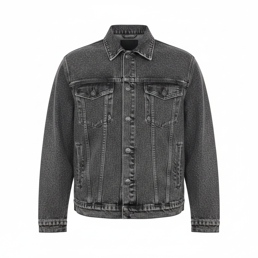 Charcoal Grey Acid Wash Denim Jacket - Ghost Mannequin Front