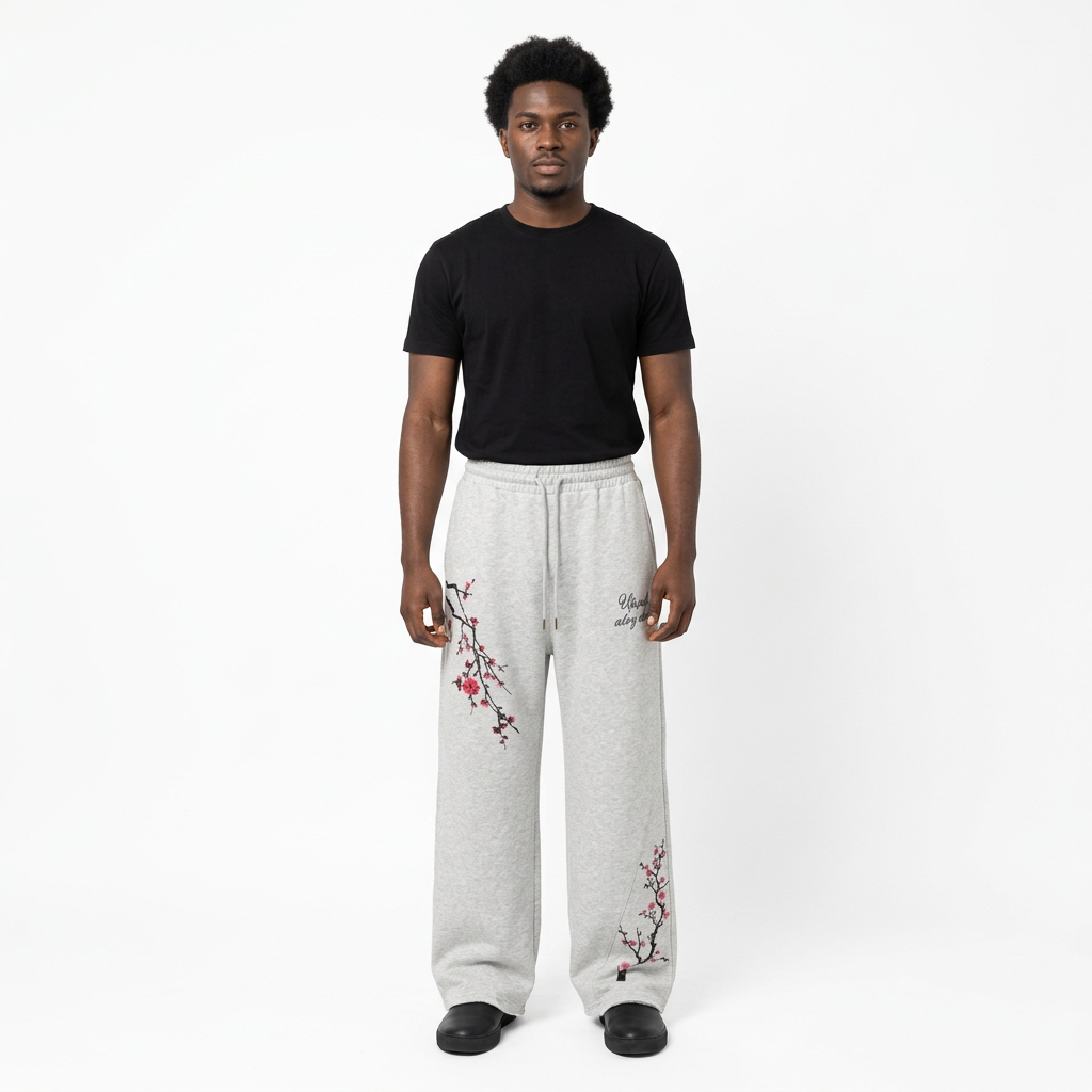 Full-body male model wearing light-grey floral wide-leg trousers