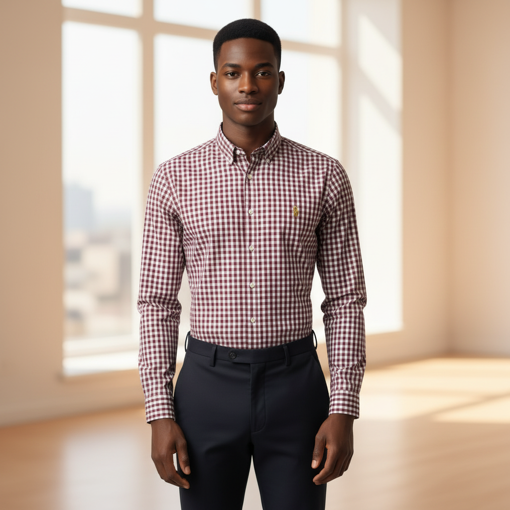 Nigerian model wearing Ralph Polo Wine White Gingham Check Shirt