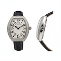 Women's silver full diamond bezel tonneau watch — ghost mannequin front and side view, black leather strap