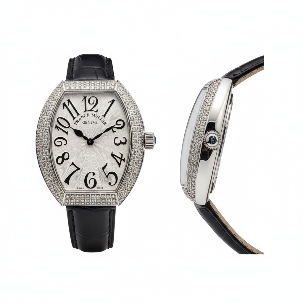 Women's silver full diamond bezel tonneau watch — ghost mannequin front and side view, black leather strap