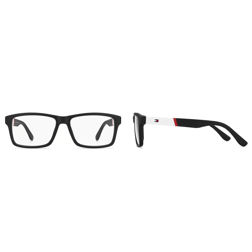 Black rectangular clear-lens eyeglasses with white arms and red accents, front and side views