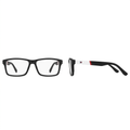 Black rectangular clear-lens eyeglasses with white arms and red accents, front and side views
