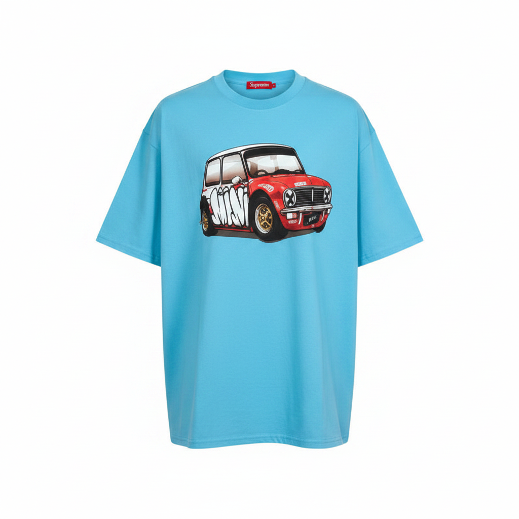 Unisex sky blue rally car graphic oversized tee – ghost mannequin front view