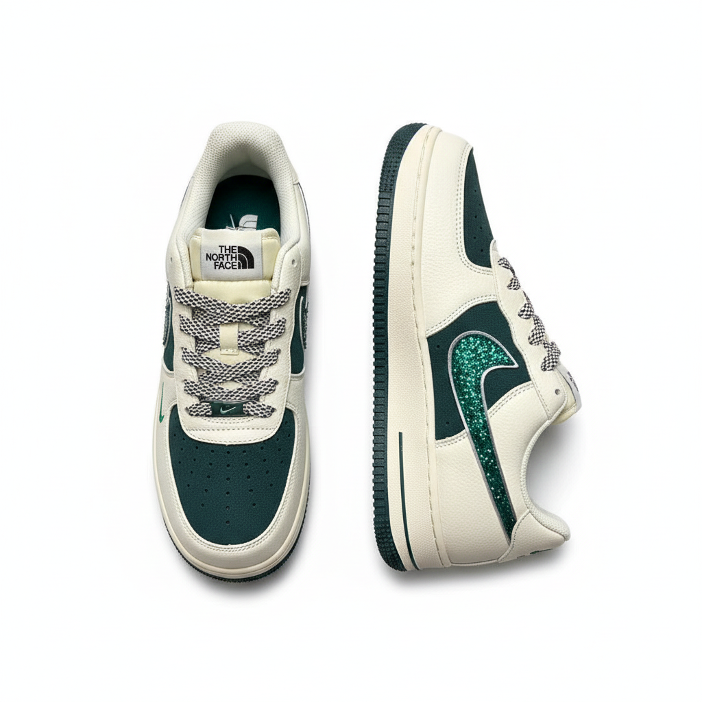 Men's cream teal green glitter swoosh low-top sneakers ghost mannequin front and side view