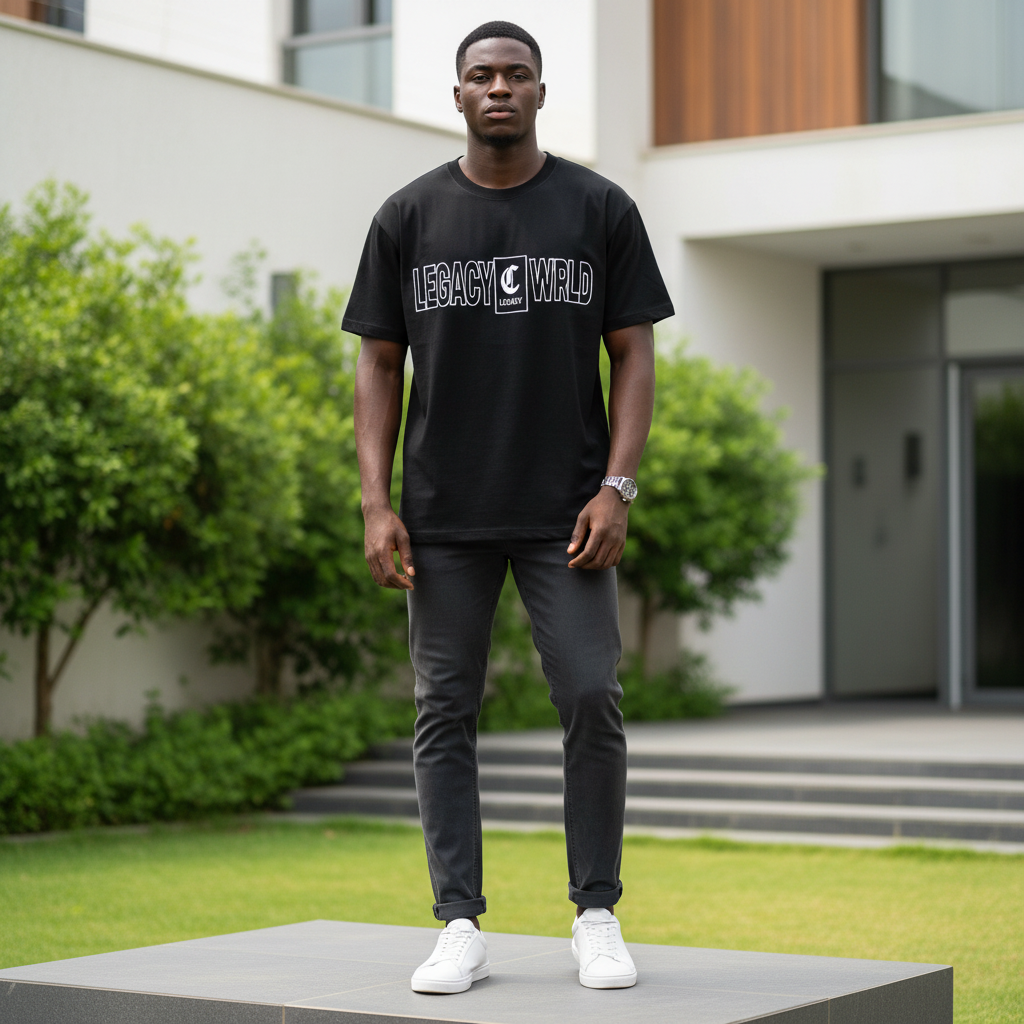 Nigerian male model wearing men's black monogram logo short-sleeve tee full body streetwear editorial shot