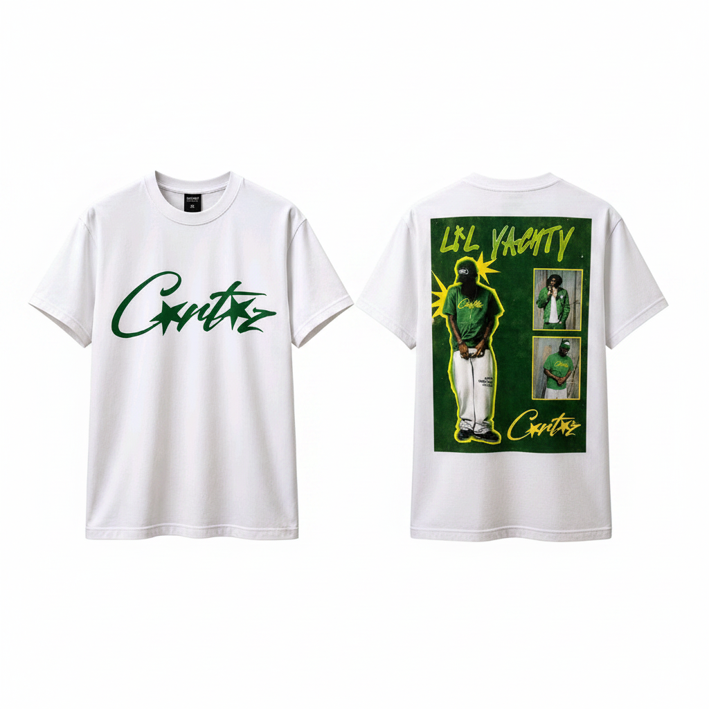 Men's white short-sleeve script logo and vintage poster graphic tee ghost mannequin front and back view