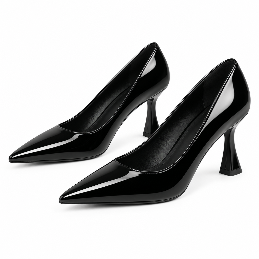 Patent Pointed-Toe Stiletto Court Heel – Black, Both Shoes