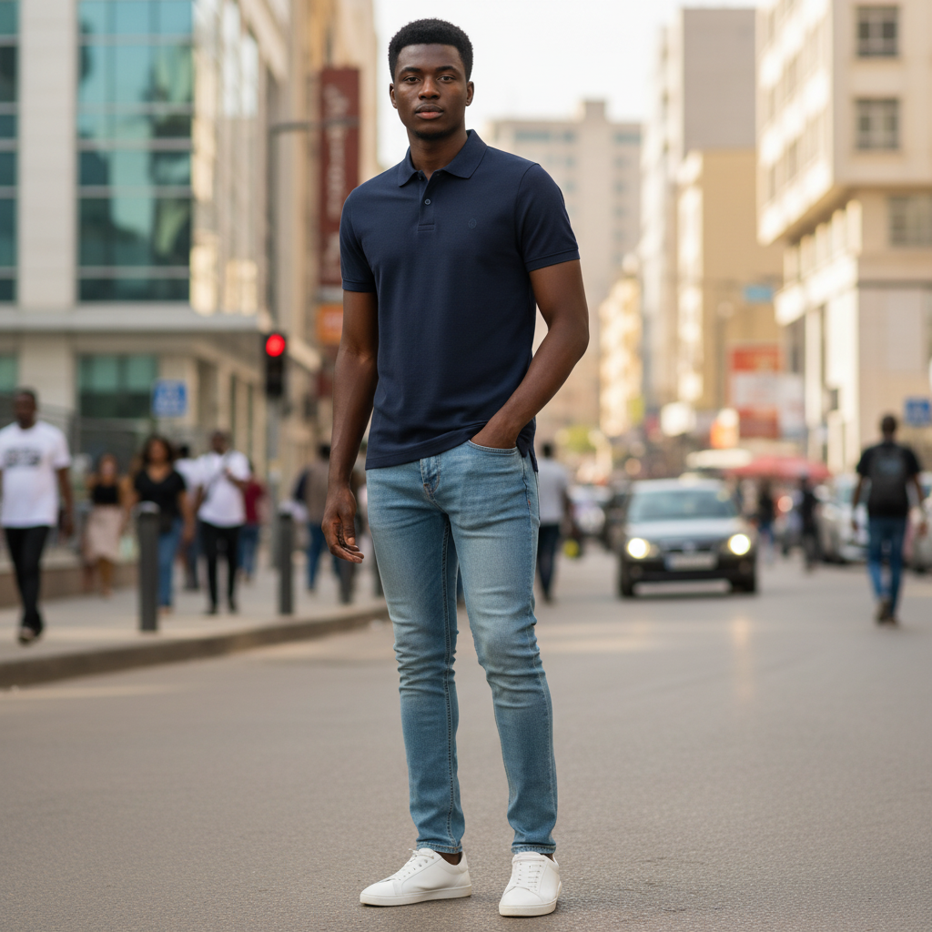 Young Nigerian male model wearing a navy blue slim fit polo shirt