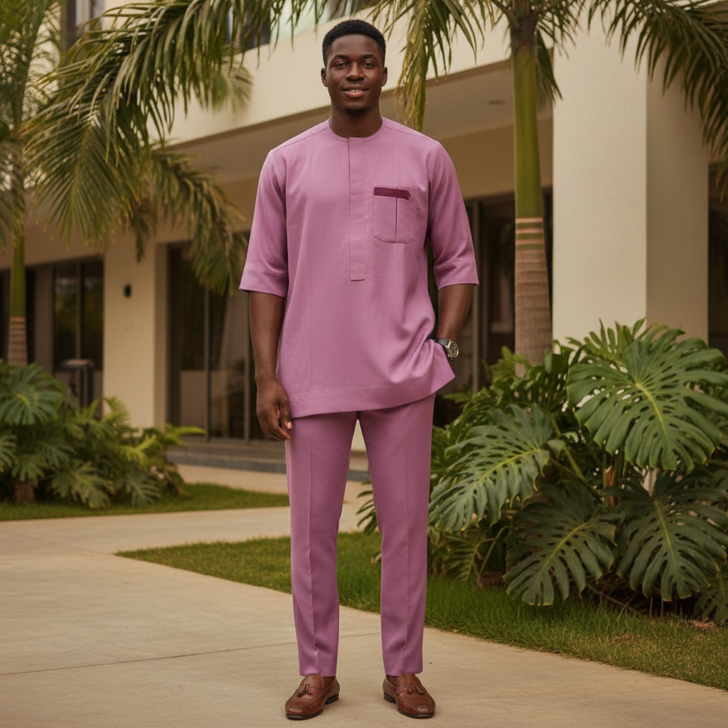 Model wearing lilac mauve pocket senator set