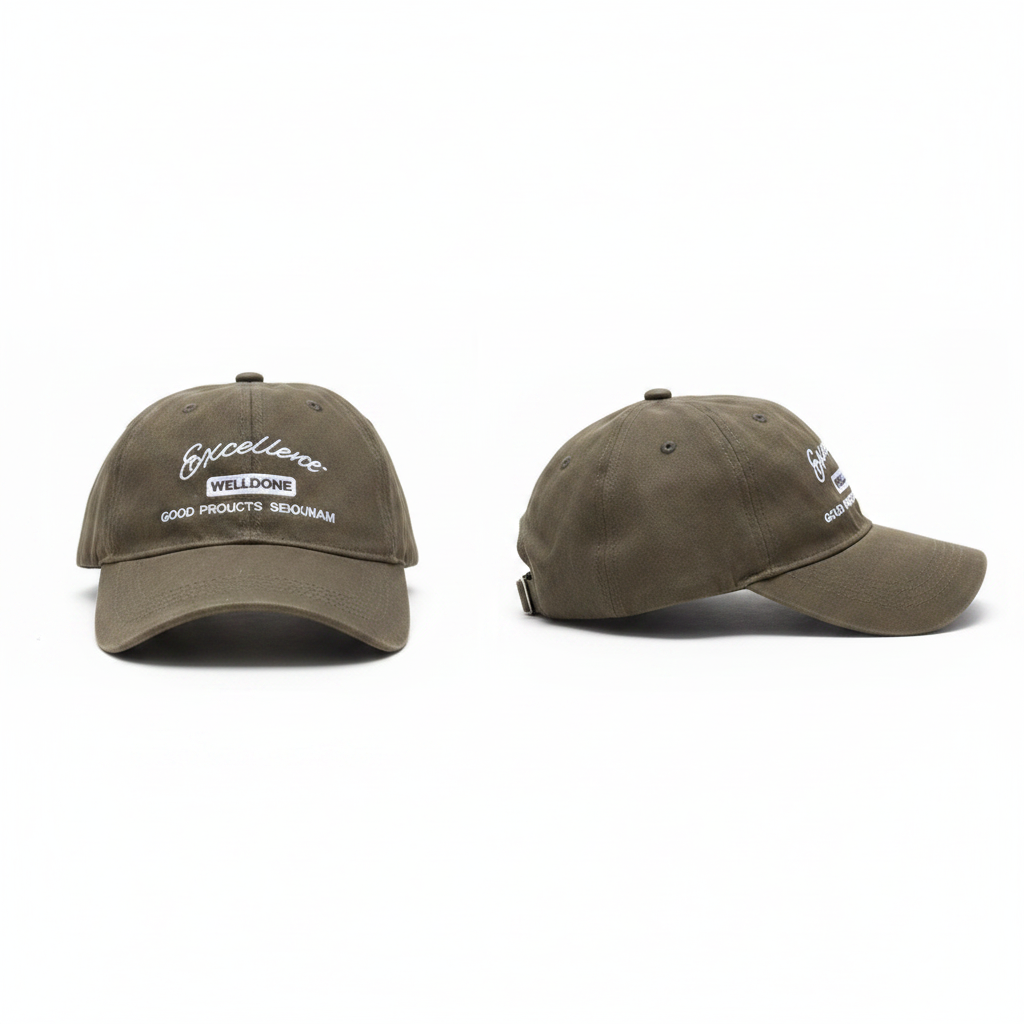 Olive khaki green Excellence Welldone embroidered dad cap – ghost mannequin front and side view