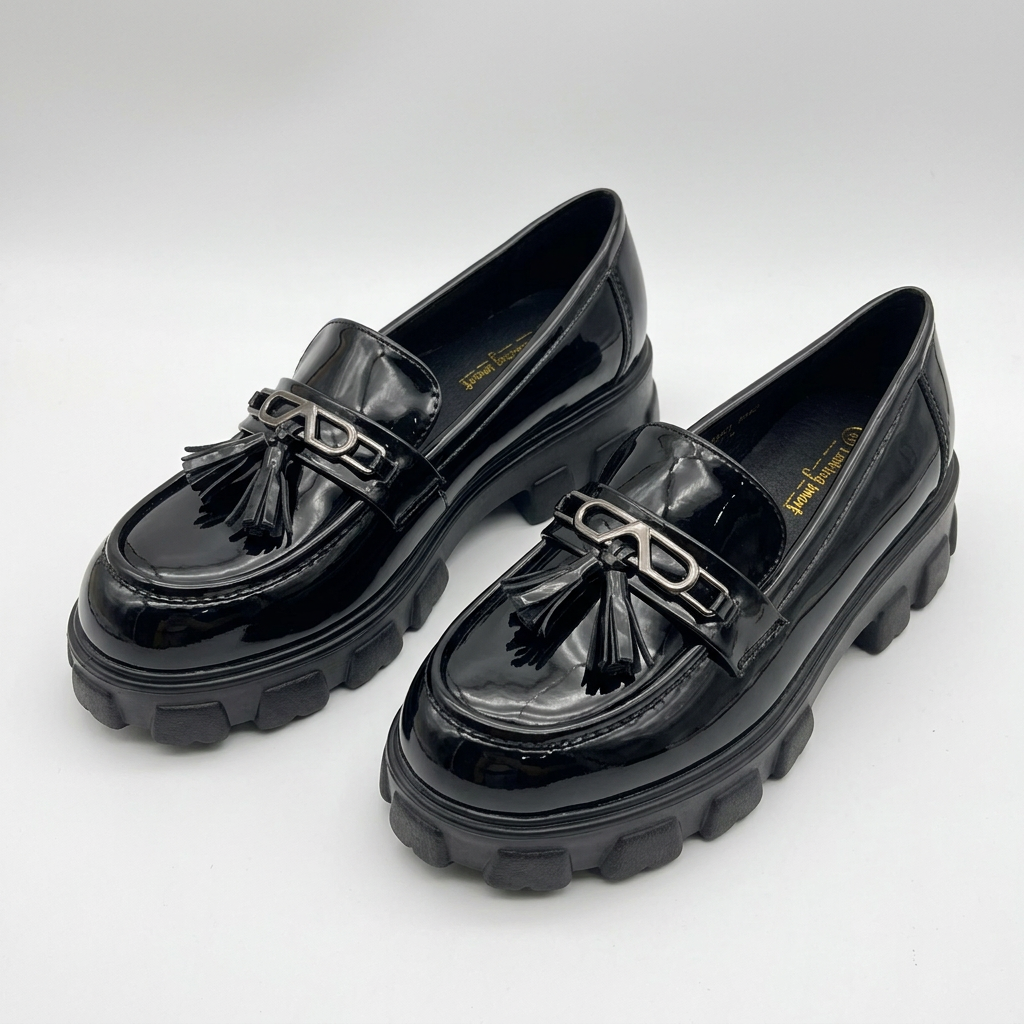 Complete pair of black glossy tassel chunky loafers on a white background