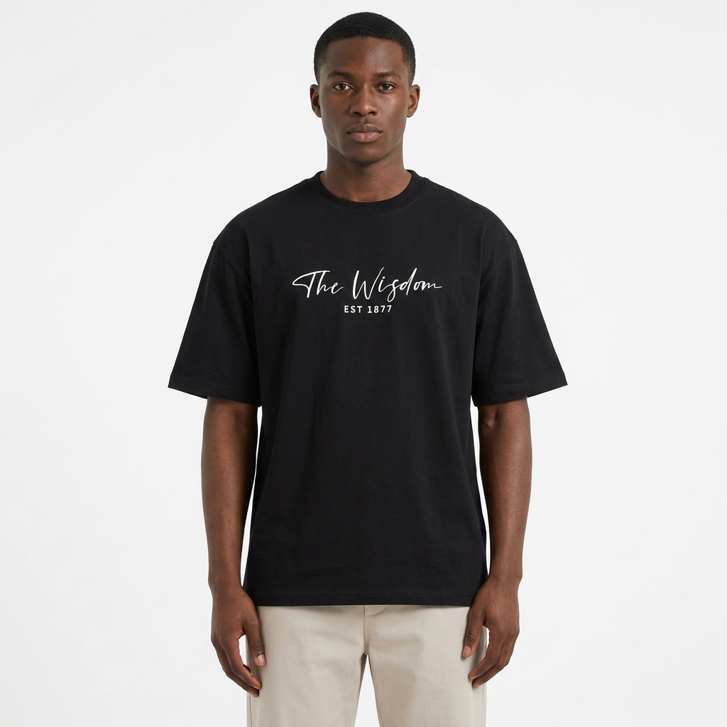Black male model wearing the black script-print crew-neck T-shirt