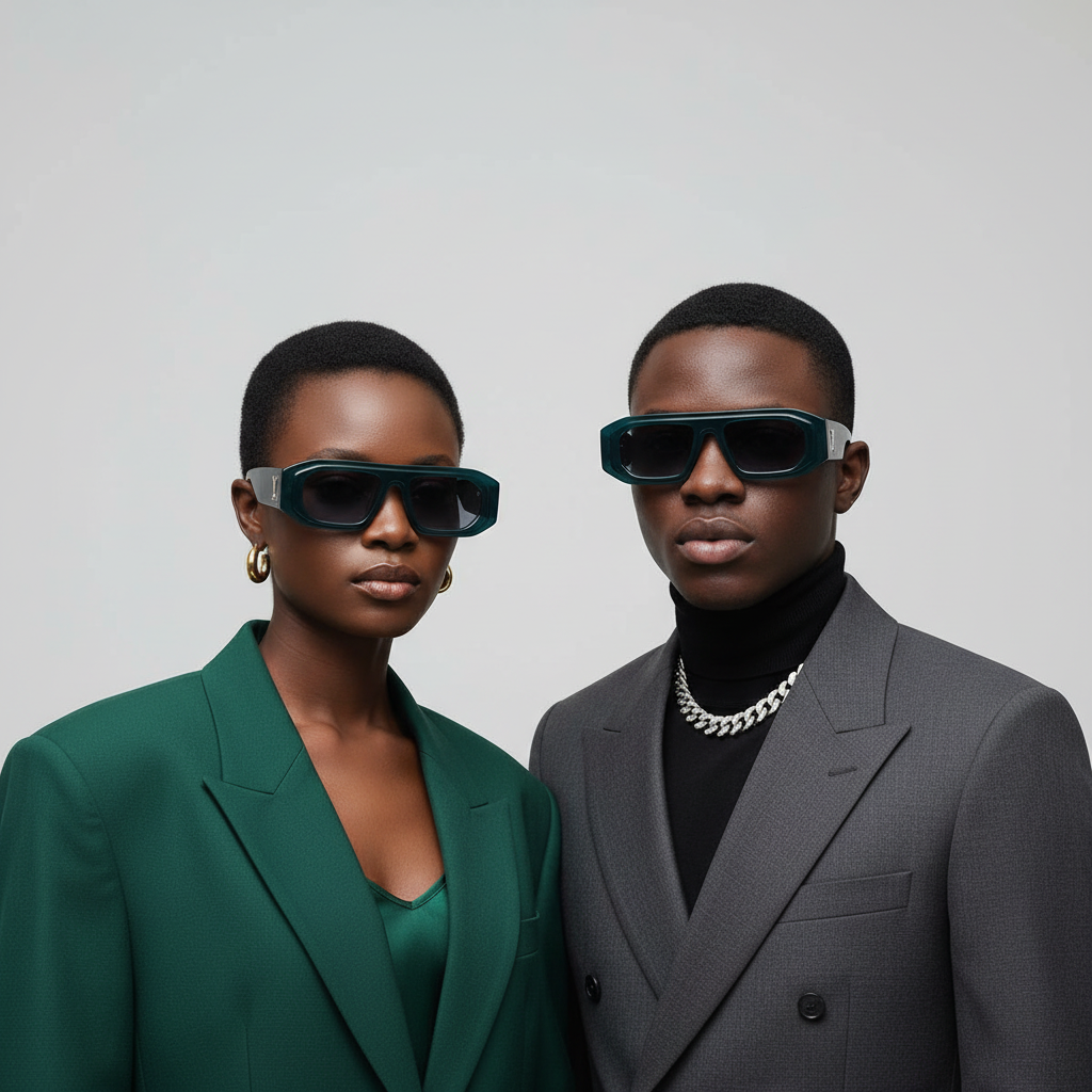 Nigerian female and male models wearing chunky teal rectangular sunglasses – editorial medium shot professional grey background