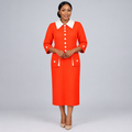 Black Nigerian woman wearing an orange-red contrast collar midi dress