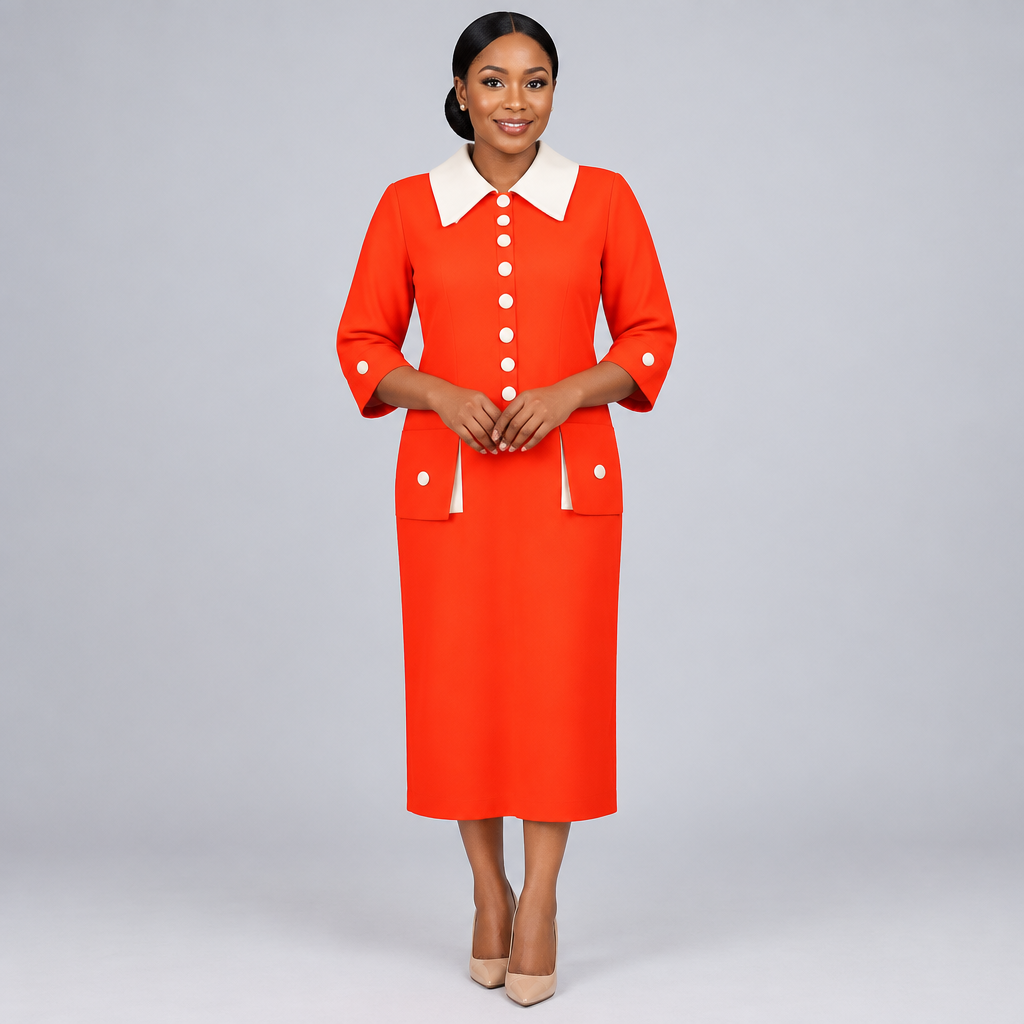 Black Nigerian woman wearing an orange-red contrast collar midi dress