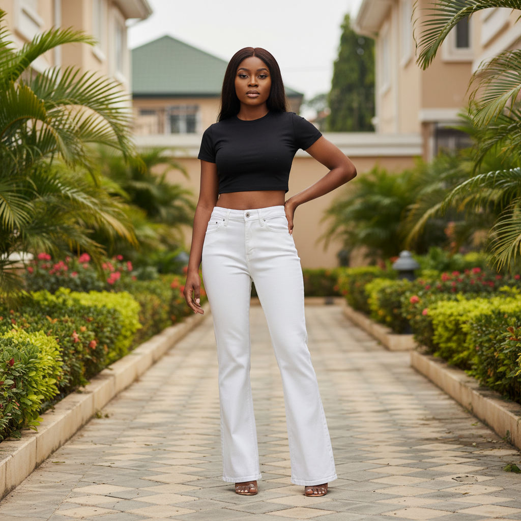 White Bootcut Flare Jeans - Nigerian Female Model Front View
