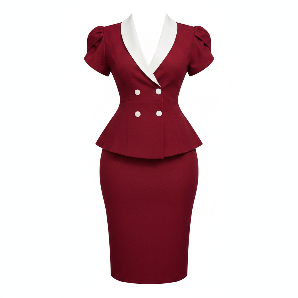 Women's burgundy double-breasted peplum blazer and pencil skirt co-ord set – ghost mannequin front view