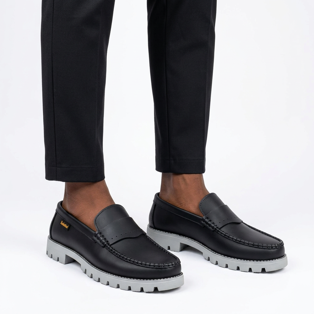 Black loafers with grey lug soles worn on both feet by a Black male model on a white background