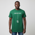 Black Nigerian male model wearing a green South Side graphic T-shirt