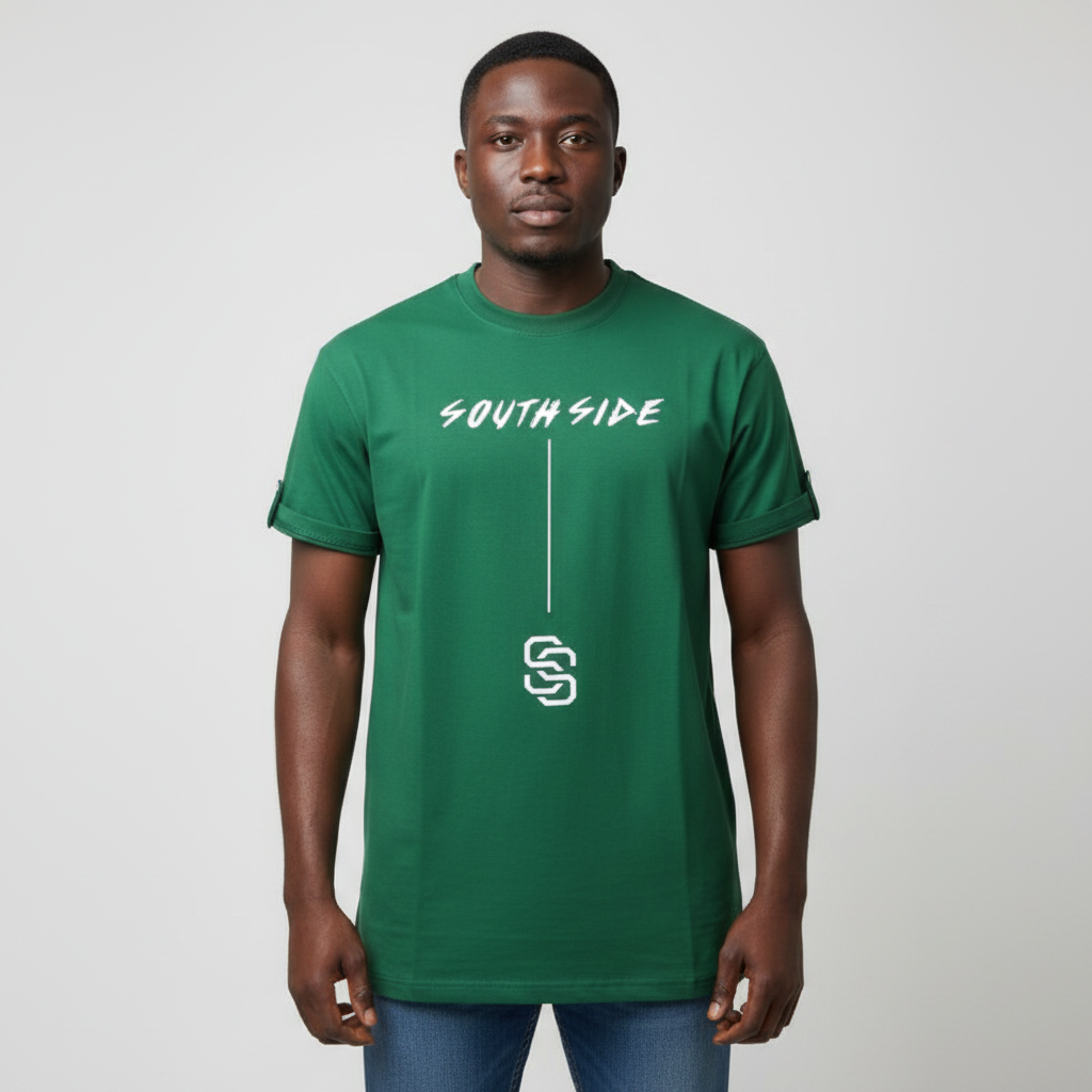 Black Nigerian male model wearing a green South Side graphic T-shirt
