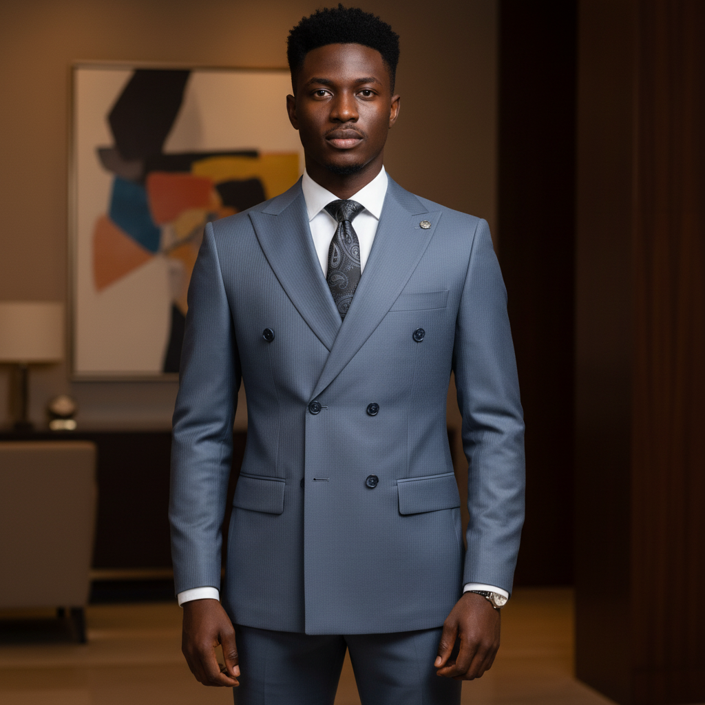 Steel Blue Double-Breasted Suit â€“ Nigerian Model Full Square