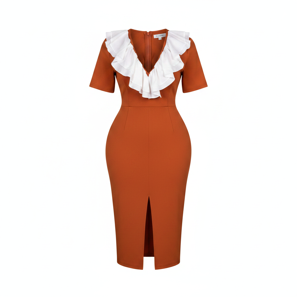 Women's orange ruffle neck bodycon midi dress – ghost mannequin view
