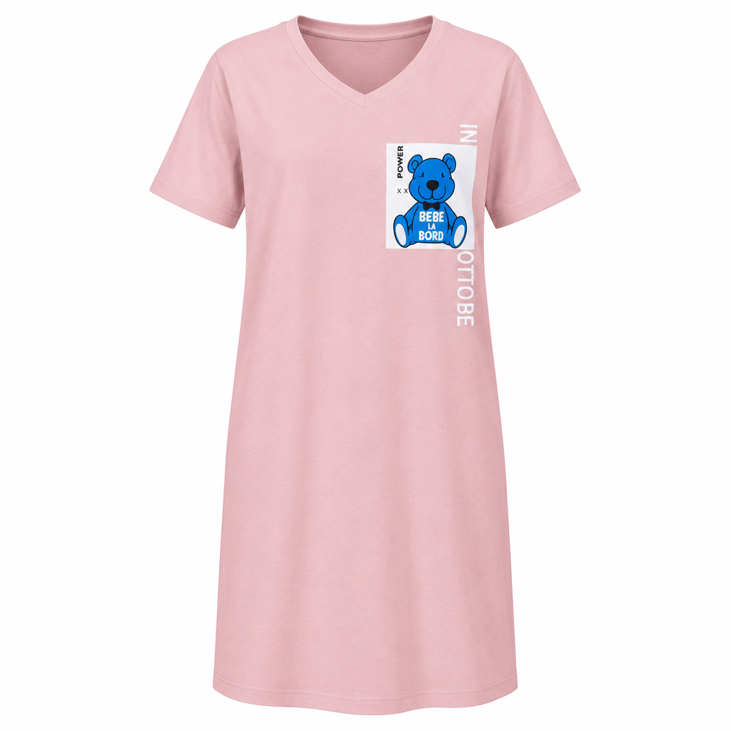 Shorter blush teddy-print V-neck nightgown on white