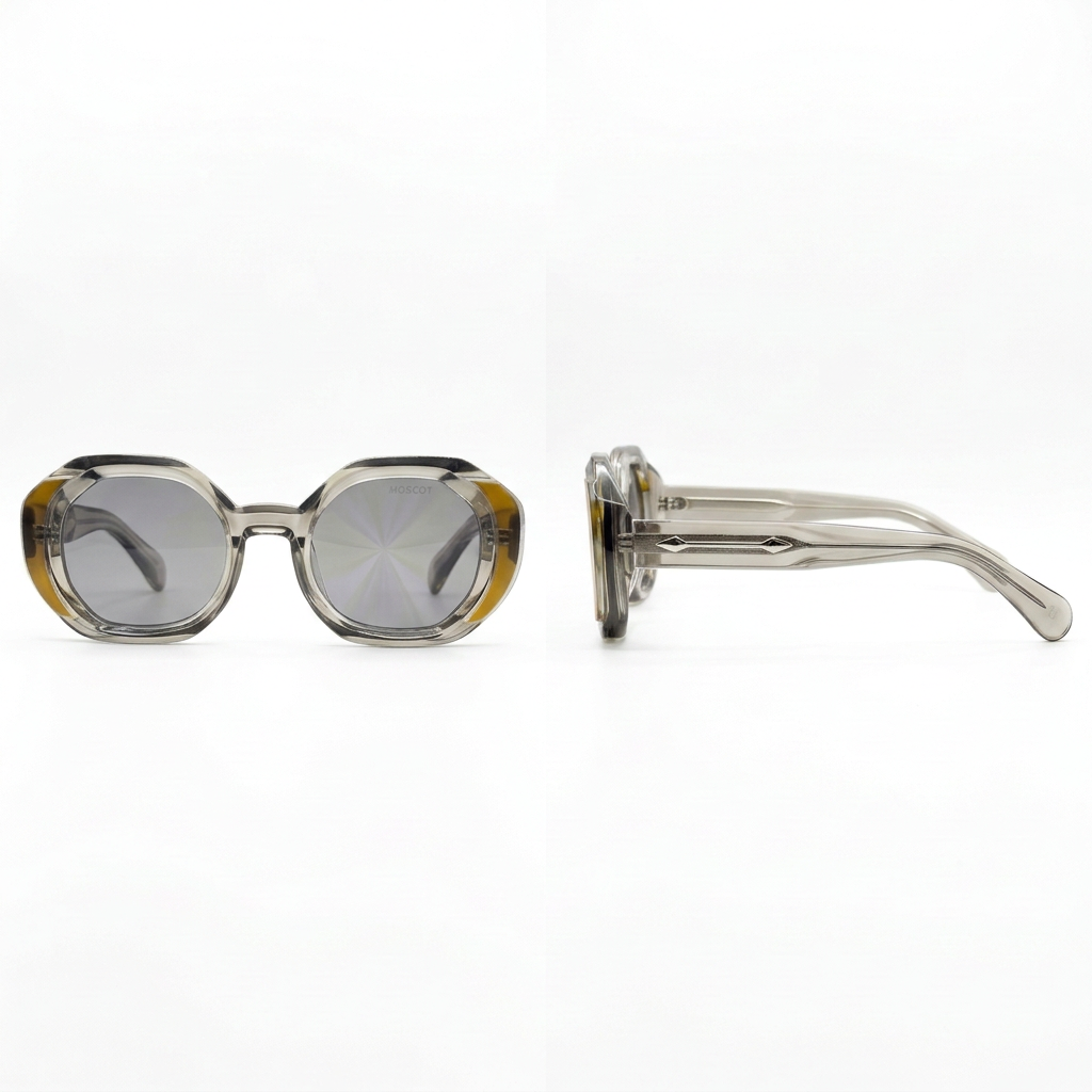Smoky transparent faceted round sunglasses with grey lenses, front and side views