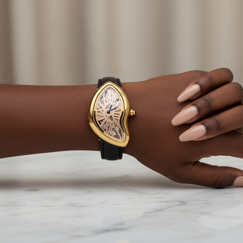 Black Nigerian woman wrist shot wearing asymmetric yellow gold skeleton dial watch