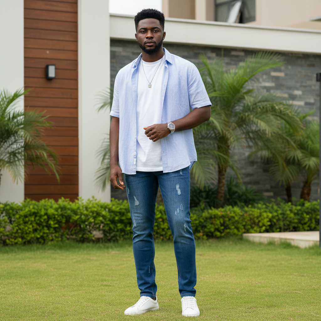 Nigerian male model wearing men's blue distressed slim jeans - front view
