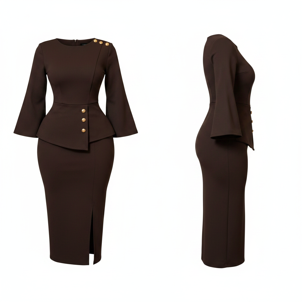 Women's Peplum Bell Sleeve Midi Dress in Chocolate Brown – Ghost Mannequin Front and Side View