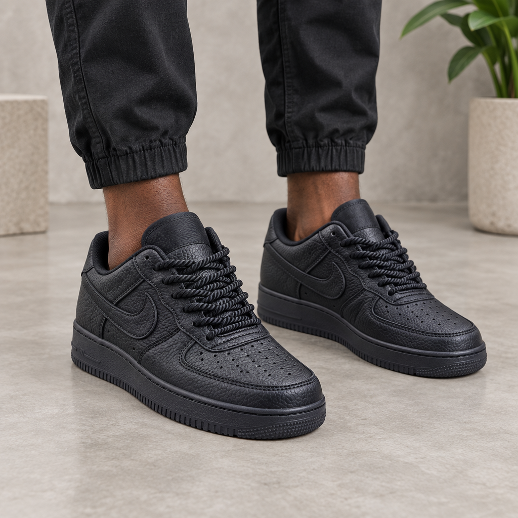 Black textured sneakers worn by a model from the legs down, with rope laces and perforated toes
