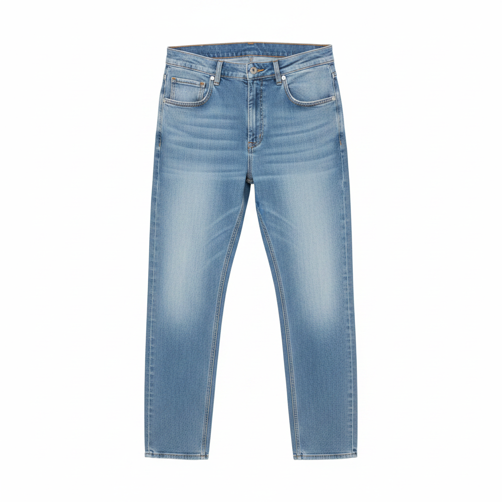 Men's light blue wash relaxed fit denim jeans ghost mannequin front view on white background