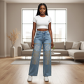 Light Blue Rhinestone Embellished Wide-Leg Women's Jeans – Model Shot