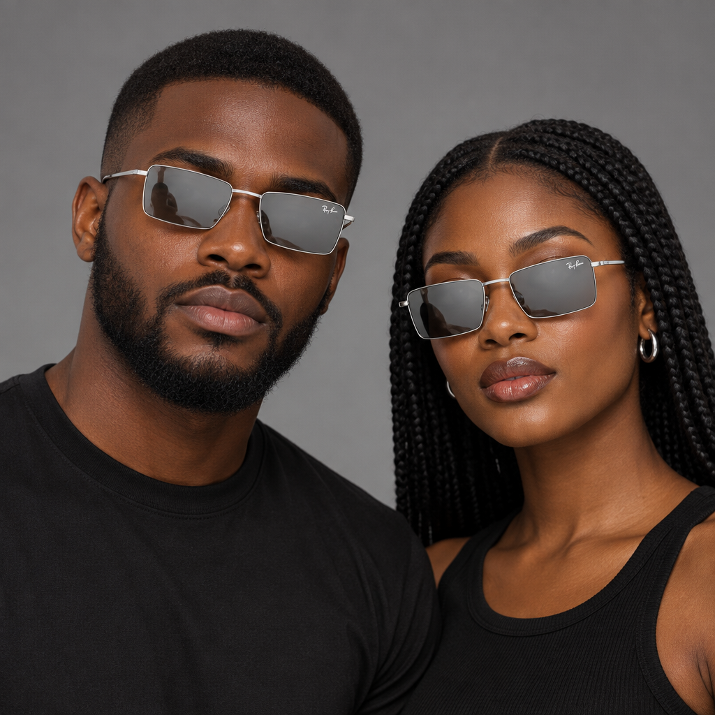 Silver-tone rectangular sunglasses worn by a Black adult man and woman