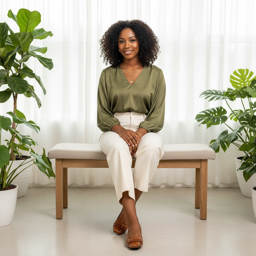 Nigerian female model seated wearing tan croc-embossed patent ballet flats with strap buckle detail