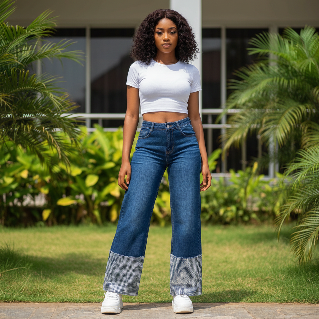 Women's Navy Blue Rhinestone Cuff Wide-Leg Denim Jeans - Model Shot