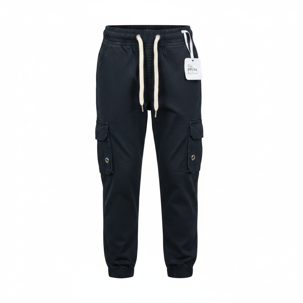 Kids' dark navy cargo jogger pants with side pockets ghost mannequin front view