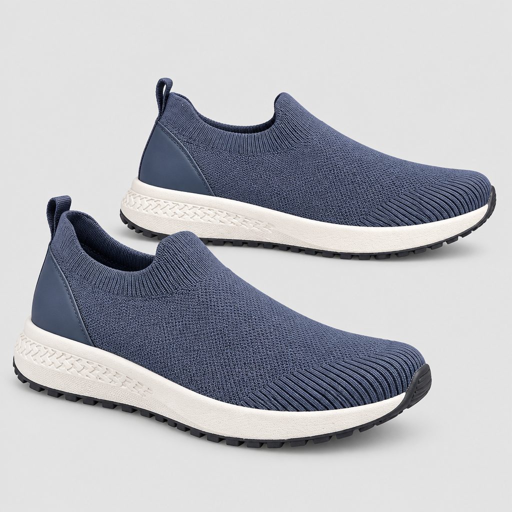 Pair of blue knit slip-on shoes on neutral background