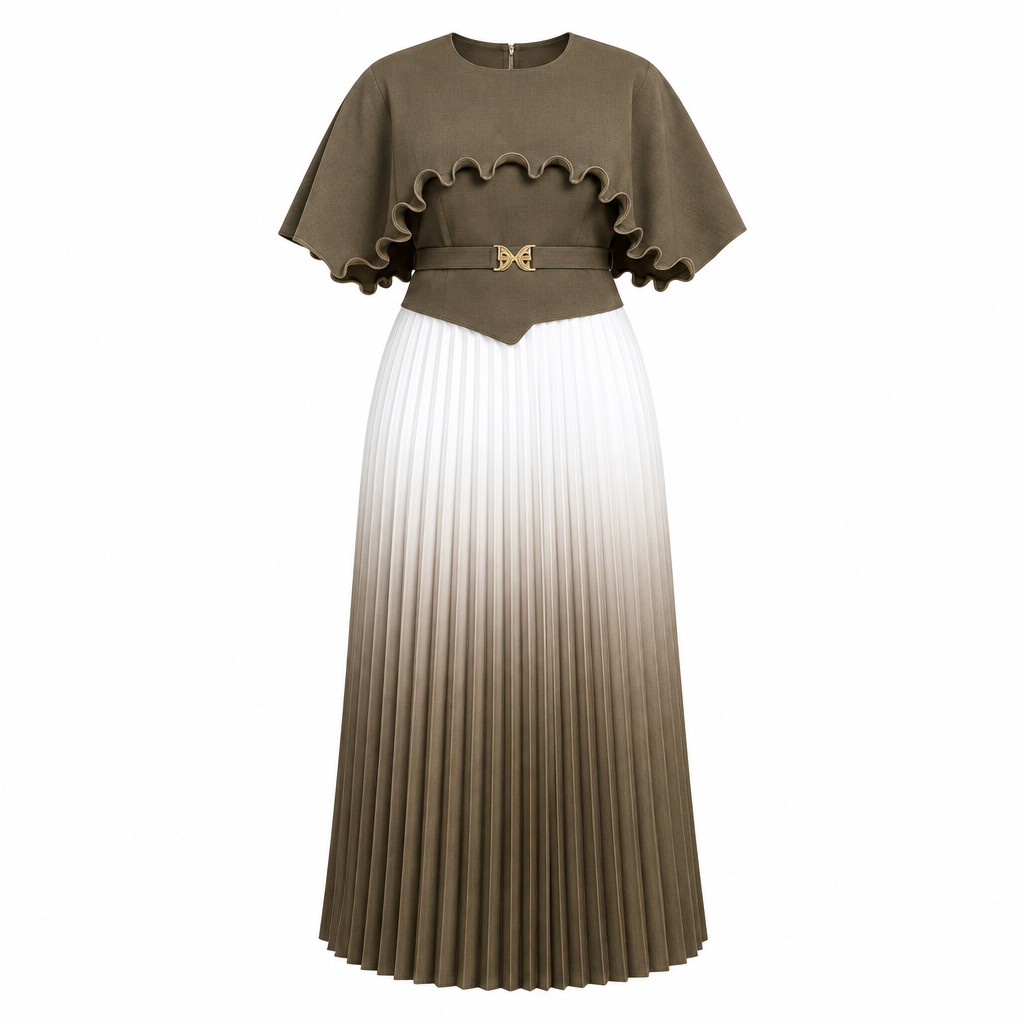 Olive ruffle-bodice dress with ombre pleated skirt on white