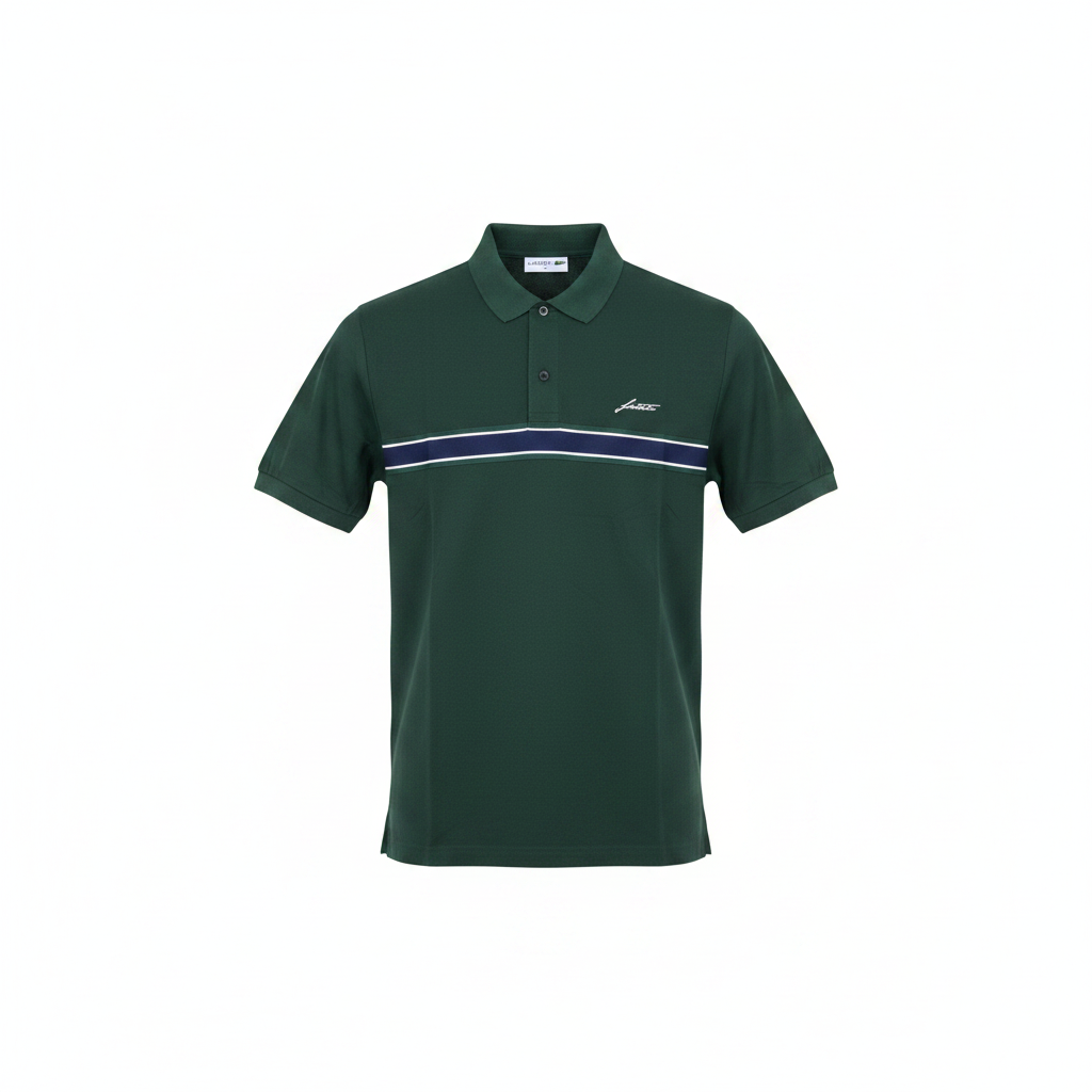 Men's forest green polo shirt with navy and white chest stripe, ghost mannequin front view