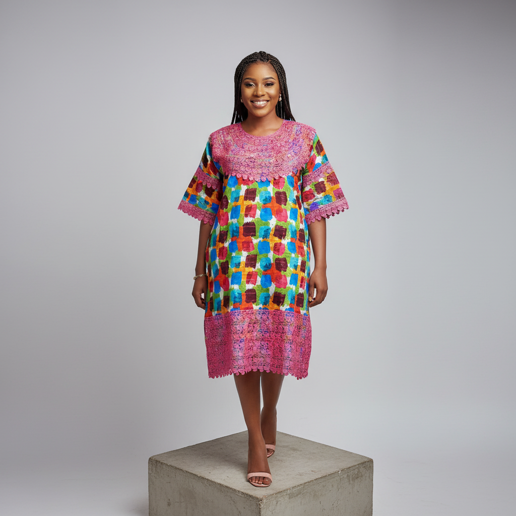 Nigerian female model wearing multicolor patchwork print top with pink embroidered yoke