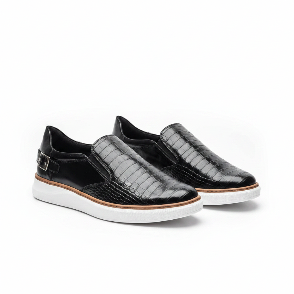 Men's black croc-embossed leather slip-on sneakers with buckle detail pair product shot