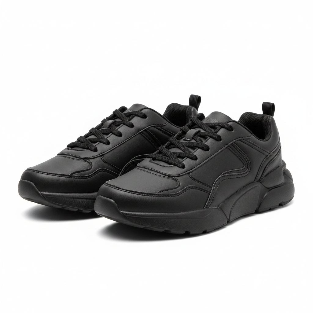Women's all-black chunky lace-up leather sneakers ghost mannequin view