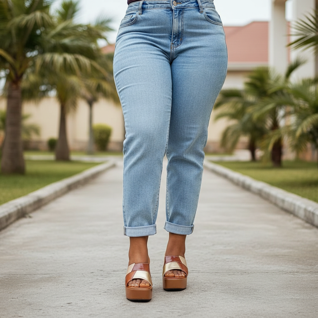 Plus-size Nigerian female model wearing gold and brown two-tone colour-block platform wedge slide — leg focus